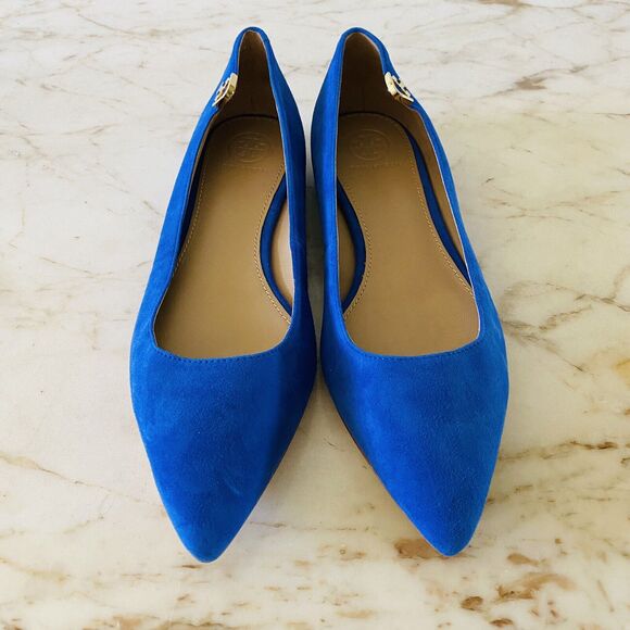 TORY BURCH Solid Blue Suede Leather Flats Gold Side Logo - US 7 - Picture 4 of 11